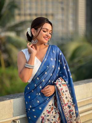 Dark blue katki silk printed kalamkari saree with zari border 2