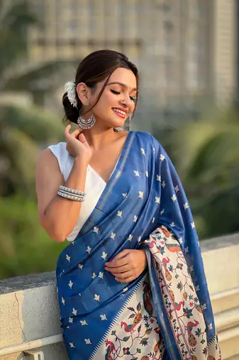 Dark blue katki silk printed kalamkari saree with zari border