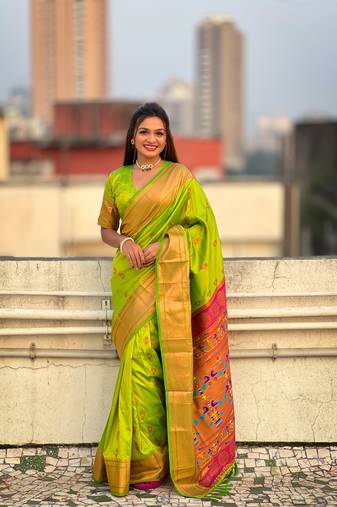 Parrot green zari woven nath yeola paithani silk saree