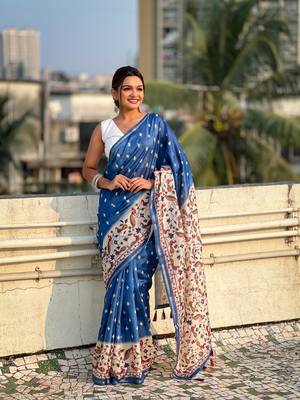 Dark blue katki silk printed kalamkari saree with zari border 3