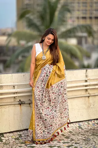 Gold katki silk printed kalamkari saree with zari border
