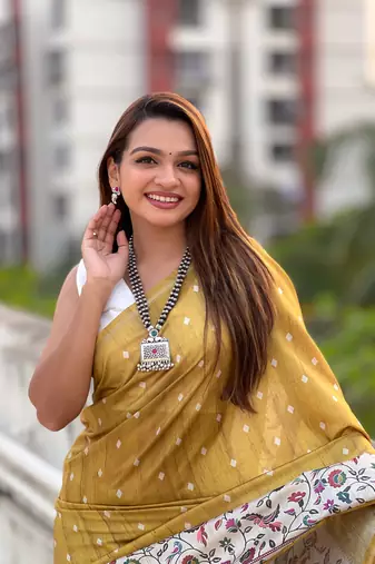 Gold katki silk printed kalamkari saree with zari border