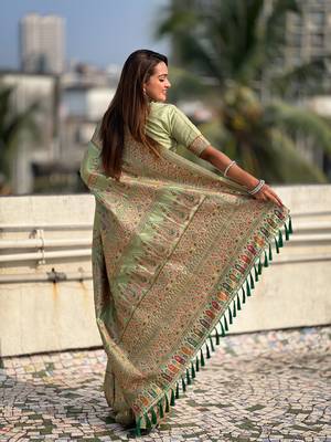 Pistachio green pashmina kashmiri silk zari woven saree 2