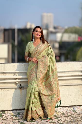 Pistachio green pashmina kashmiri silk zari woven saree