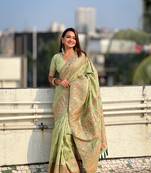 Pistachio green pashmina kashmiri silk zari woven saree