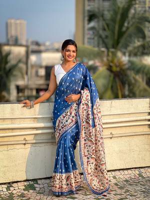 Dark blue katki silk printed kalamkari saree with zari border 1
