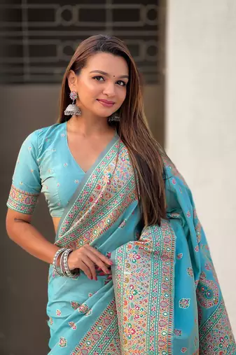 Sky blue pashmina kashmiri silk zari woven saree