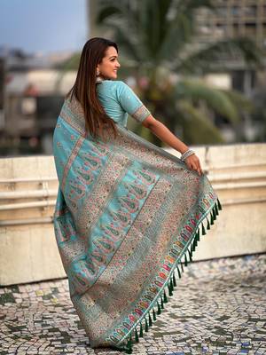 Sky blue pashmina kashmiri silk zari woven saree 4