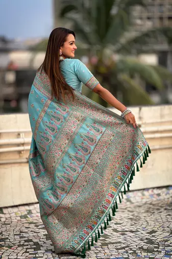 Sky blue pashmina kashmiri silk zari woven saree
