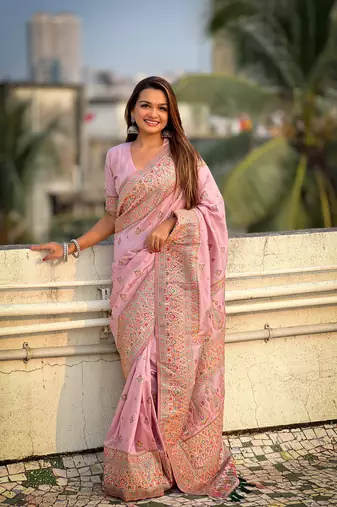 Lavender pashmina kashmiri silk zari woven saree