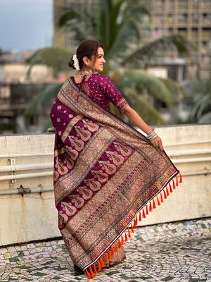 Wine pashmina kashmiri silk zari woven saree 4