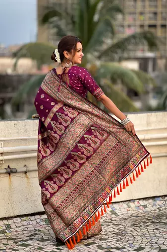 Wine pashmina kashmiri silk zari woven saree