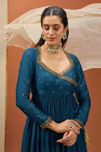Blue angrakha anarkali set