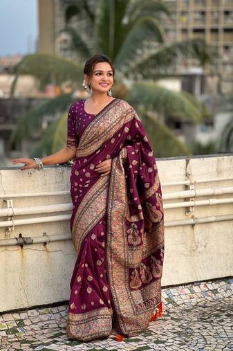 Wine pashmina kashmiri silk zari woven saree