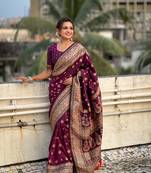 Wine pashmina kashmiri silk zari woven saree
