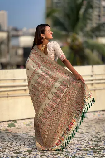 Cream pashmina kashmiri silk zari woven saree