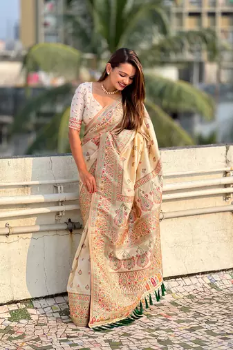 Cream pashmina kashmiri silk zari woven saree
