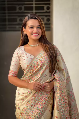 Cream pashmina kashmiri silk zari woven saree