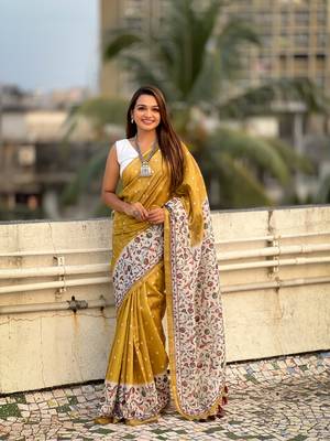 Gold katki silk printed kalamkari saree with zari border 1