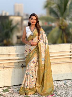 Mehendi green tussar silk kalamkari printed saree with zari woven border 1