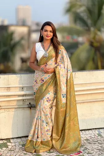 Mehendi green tussar silk kalamkari printed saree with zari woven border