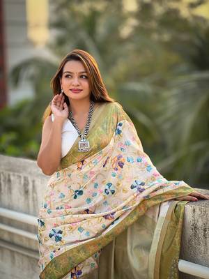 Mehendi green tussar silk kalamkari printed saree with zari woven border 3