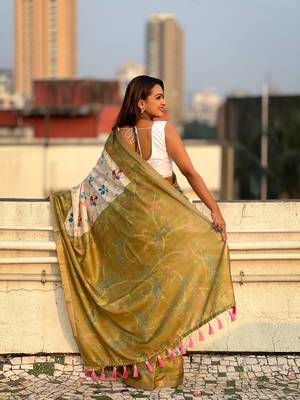 Mehendi green tussar silk kalamkari printed saree with zari woven border 4