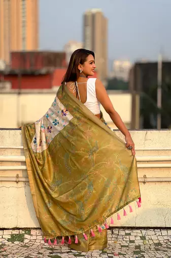Mehendi green tussar silk kalamkari printed saree with zari woven border