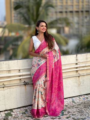 Pink tussar silk kalamkari printed saree with zari woven border 2
