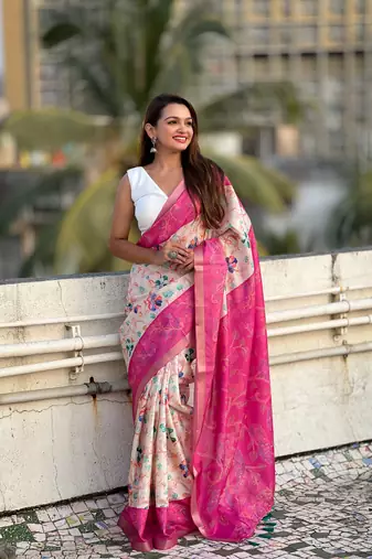 Pink tussar silk kalamkari printed saree with zari woven border