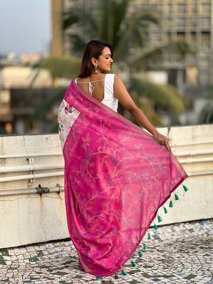 Pink tussar silk kalamkari printed saree with zari woven border 3