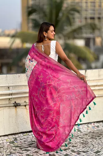 Pink tussar silk kalamkari printed saree with zari woven border