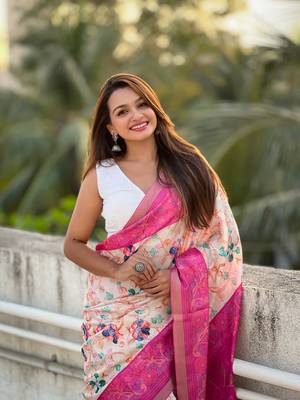 Pink tussar silk kalamkari printed saree with zari woven border 4