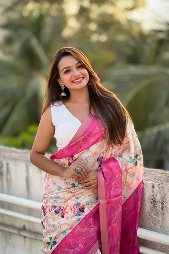 Pink tussar silk kalamkari printed saree with zari woven border