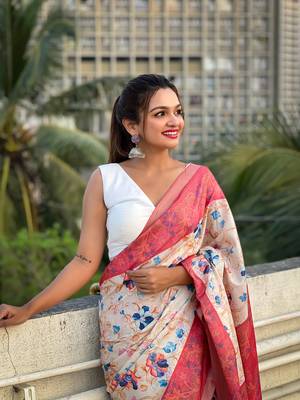 Coral red tussar silk kalamkari printed saree with zari woven border 2