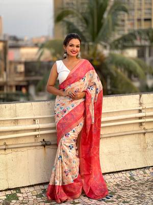 Coral red tussar silk kalamkari printed saree with zari woven border 3