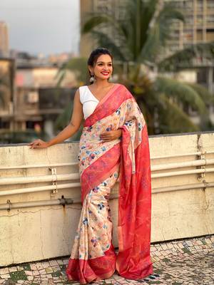 Coral red tussar silk kalamkari printed saree with zari woven border 4
