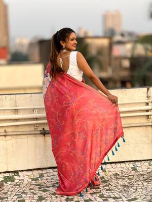 Coral red tussar silk kalamkari printed saree with zari woven border 5