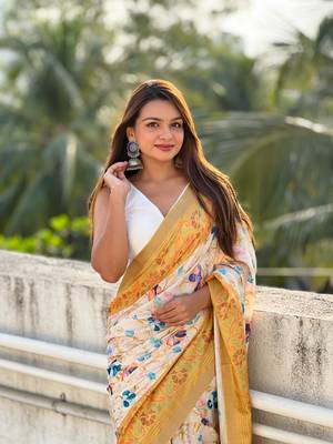 Gold tussar silk kalamkari printed saree with zari woven border 2