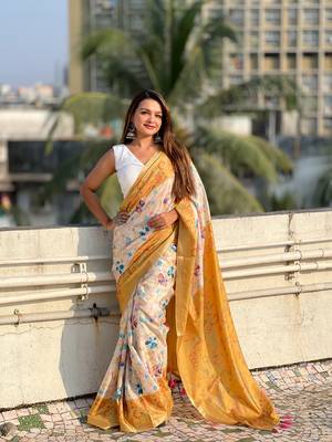 Gold tussar silk kalamkari printed saree with zari woven border 3