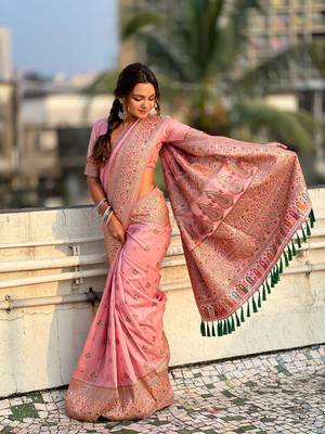 Pink pashmina kashmiri silk zari woven saree 2