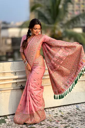 Pink pashmina kashmiri silk zari woven saree