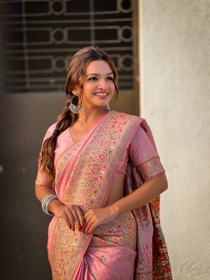 Pink pashmina kashmiri silk zari woven saree 3