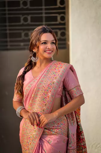 Pink pashmina kashmiri silk zari woven saree