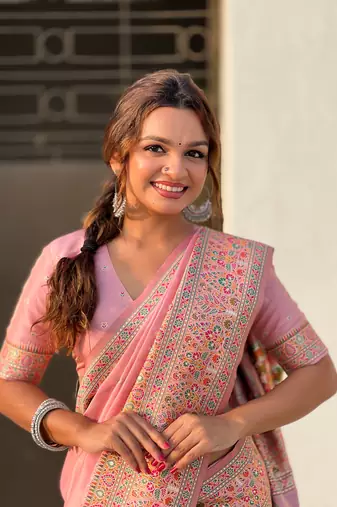 Pink pashmina kashmiri silk zari woven saree
