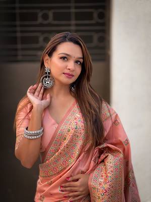 Peach pashmina kashmiri silk zari woven saree 4