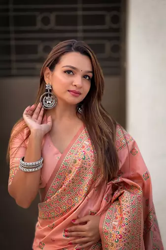 Peach pashmina kashmiri silk zari woven saree