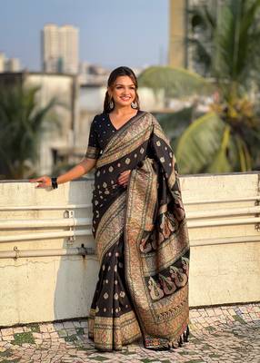 Jade black pashmina kashmiri silk zari woven saree 1
