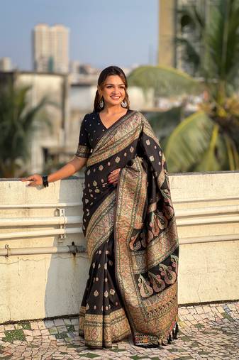 Jade black pashmina kashmiri silk zari woven saree