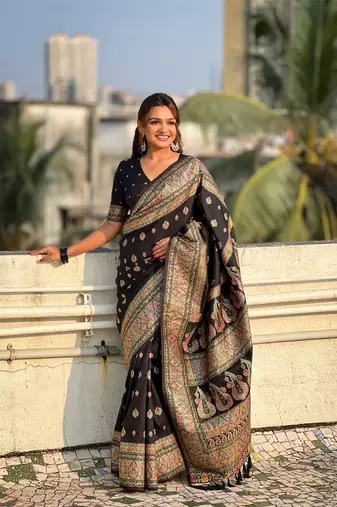 Jade black pashmina kashmiri silk zari woven saree